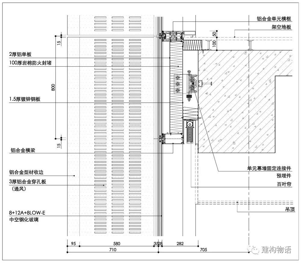 典型的二层单元窗间分缝——玻璃幕墙以二层为单元，对应防火分隔在层间设二道分缝（隐框），构造更为简单，但形式上与单道分缝相比在立面上多了一根线条。.jpg